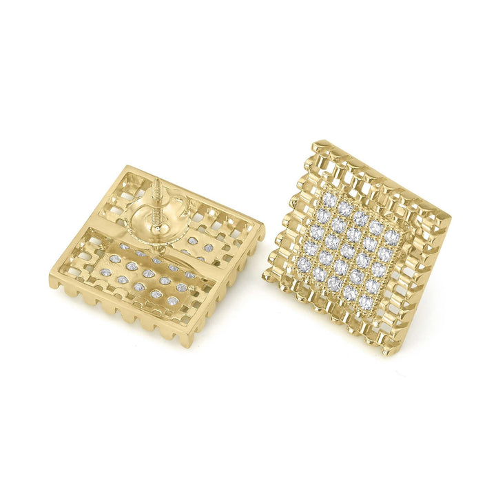 10k gold square stud earrings with pavé cubic zirconia, showing front and back views.