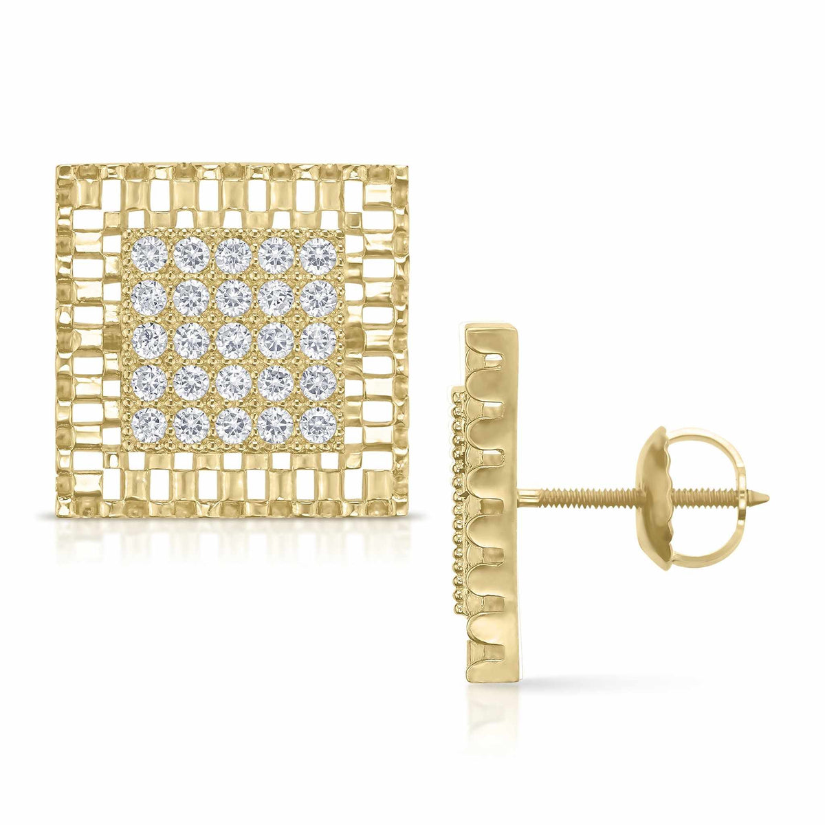 10k gold square stud earrings featuring pavé cubic zirconia in a Rolex-style design.