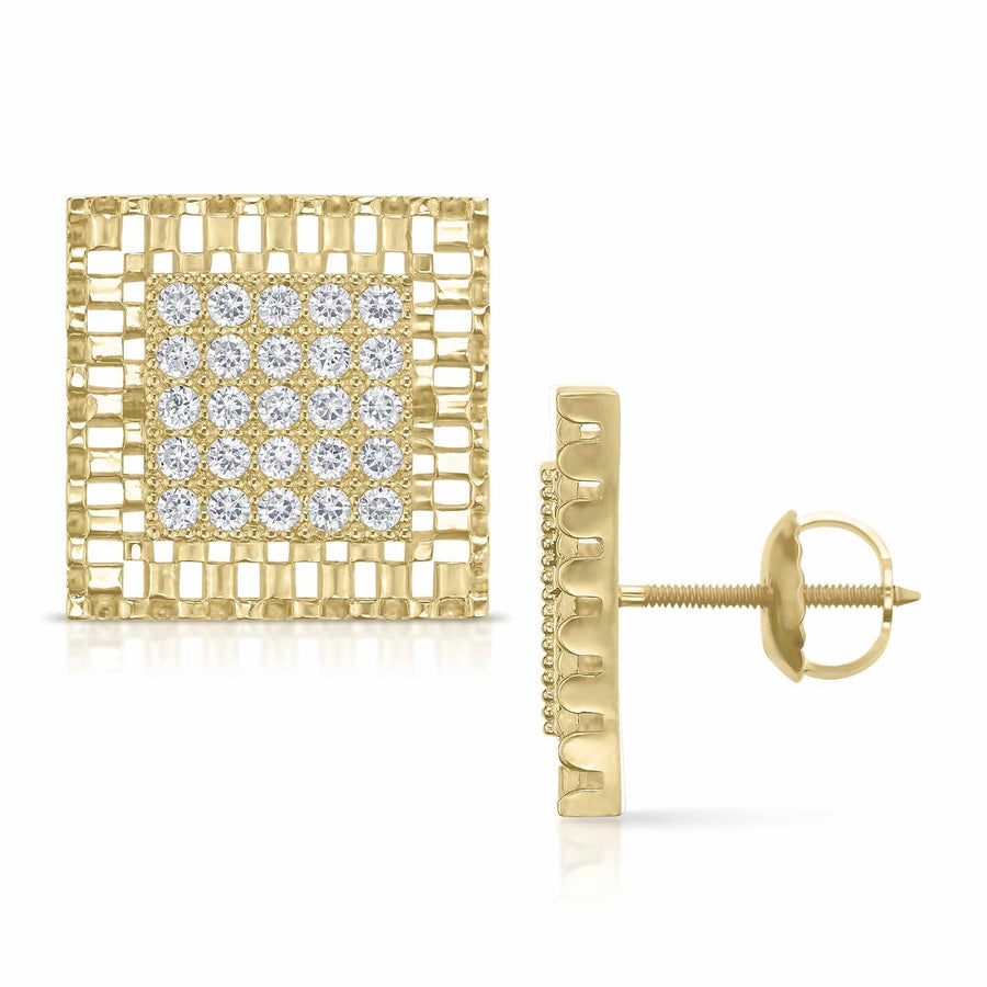 10k gold square stud earrings featuring pavé cubic zirconia in a Rolex-style design.