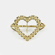 Front view of a 10k gold heart-shaped two-finger ring with watchband textured borders.