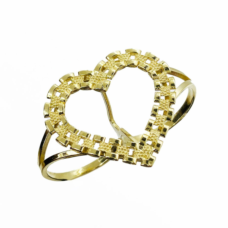 Yellow gold two-finger heart ring featuring a watchband-style pattern along the borders.