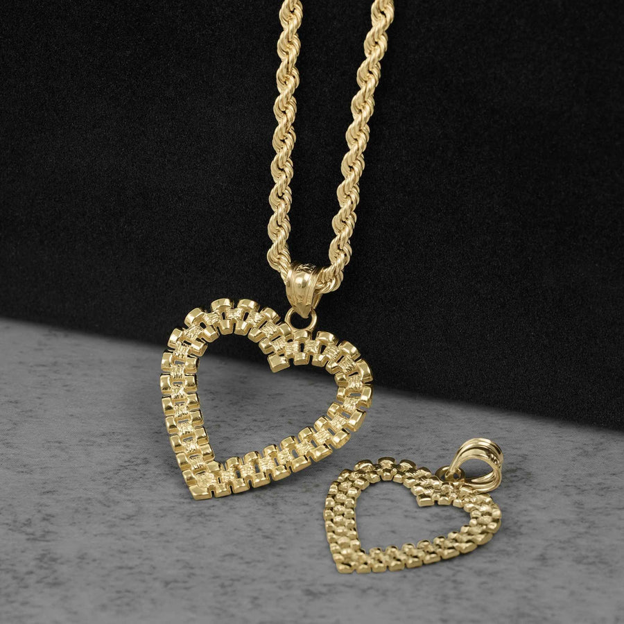 Two 10k yellow gold heart-shaped Rollie pendants and a matching rope chain necklace.
