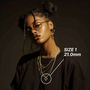 A model wearing the Size 1 21.0mm gold heart Rollie pendant necklace.