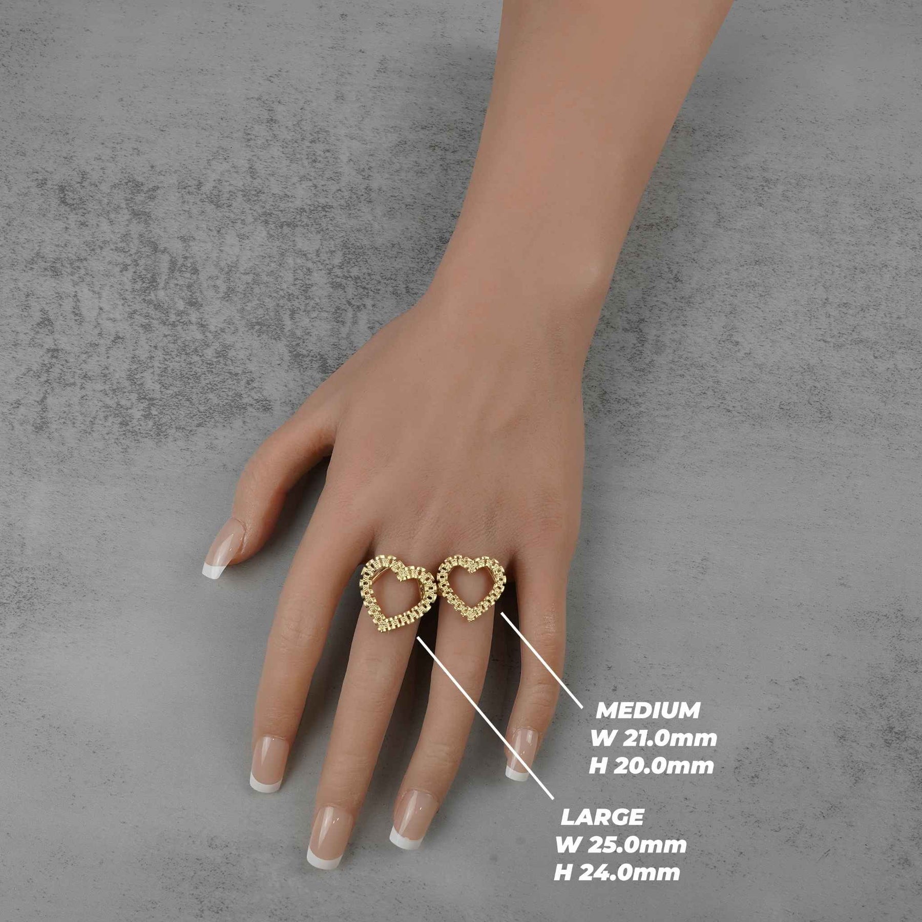 10k Gold Royal Rollie Heart Ring size comparison chart with width and height measurements.