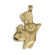 10k gold Pillsbury Doughboy pendant holding a money bag with a polished satin finish.