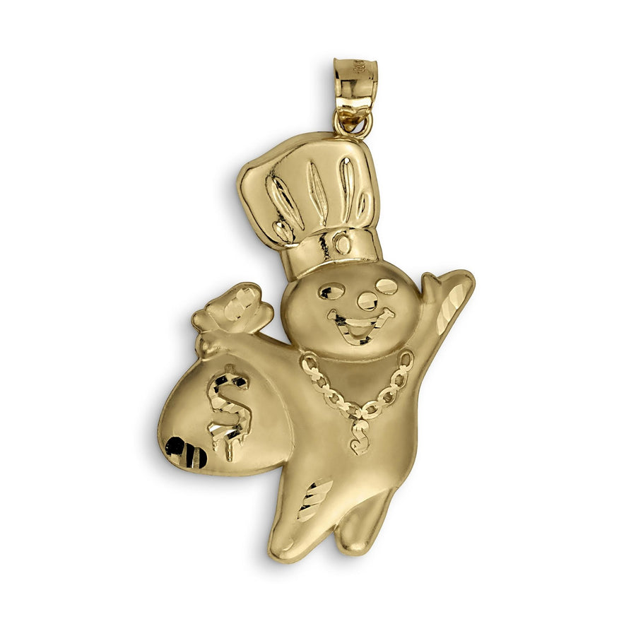 10k gold Pillsbury Doughboy pendant holding a money bag with a polished satin finish.