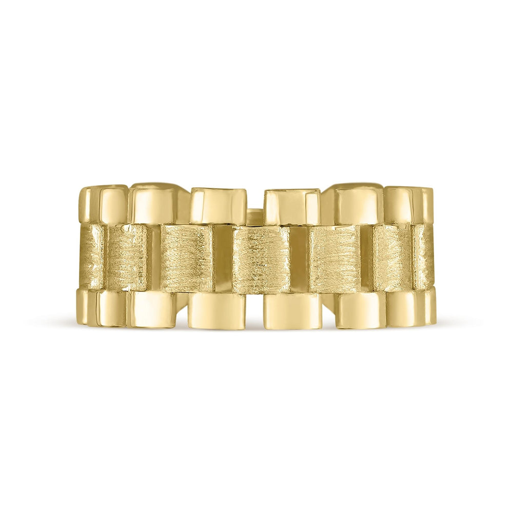 Front view of 10k yellow gold satin and polished Rolex link style band ring.