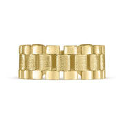 Front view of 10k yellow gold satin and polished Rolex link style band ring.