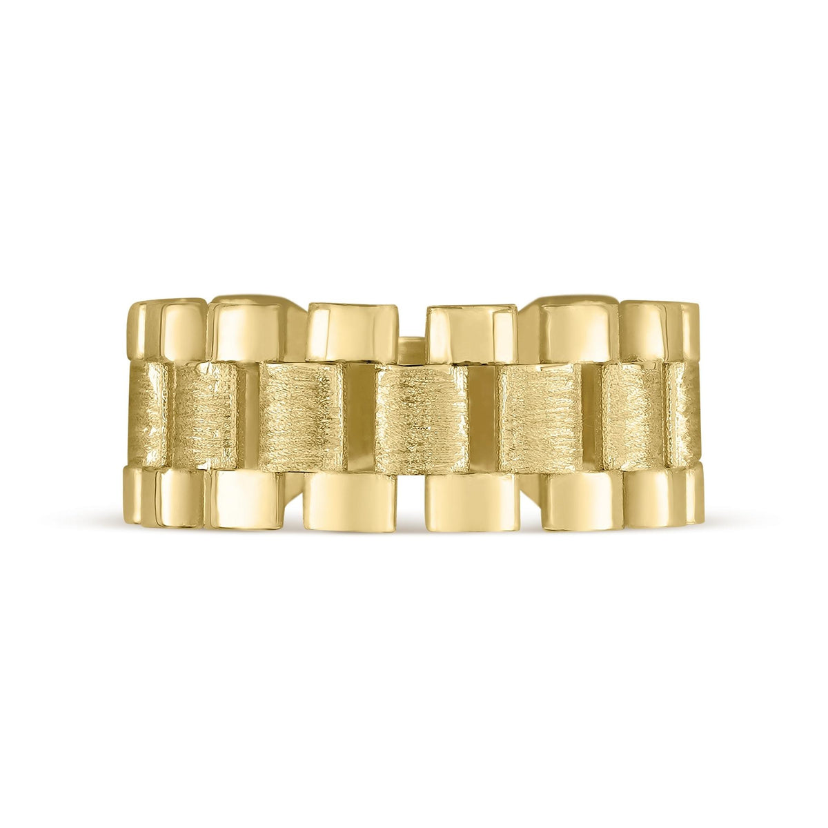 Front view of 10k yellow gold satin and polished Rolex link style band ring.