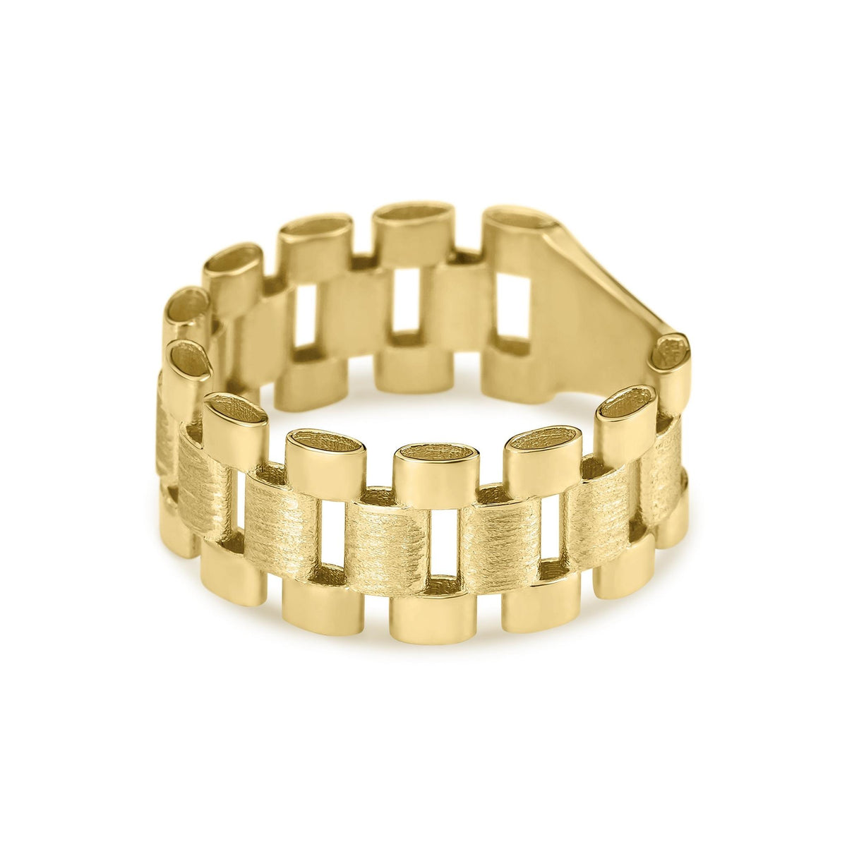 Textured gold Rolex style band ring shown from a side angle on white background.