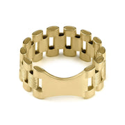 Inner view of 10k yellow gold satin Rolex style band ring on white background.