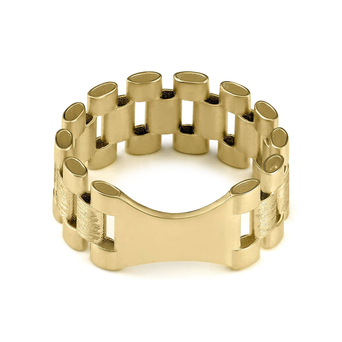 Inner view of 10k yellow gold satin Rolex style band ring on white background.