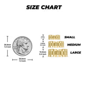 Gold Rolex link band ring size chart with millimeter and inch measurements next to a quarter.
