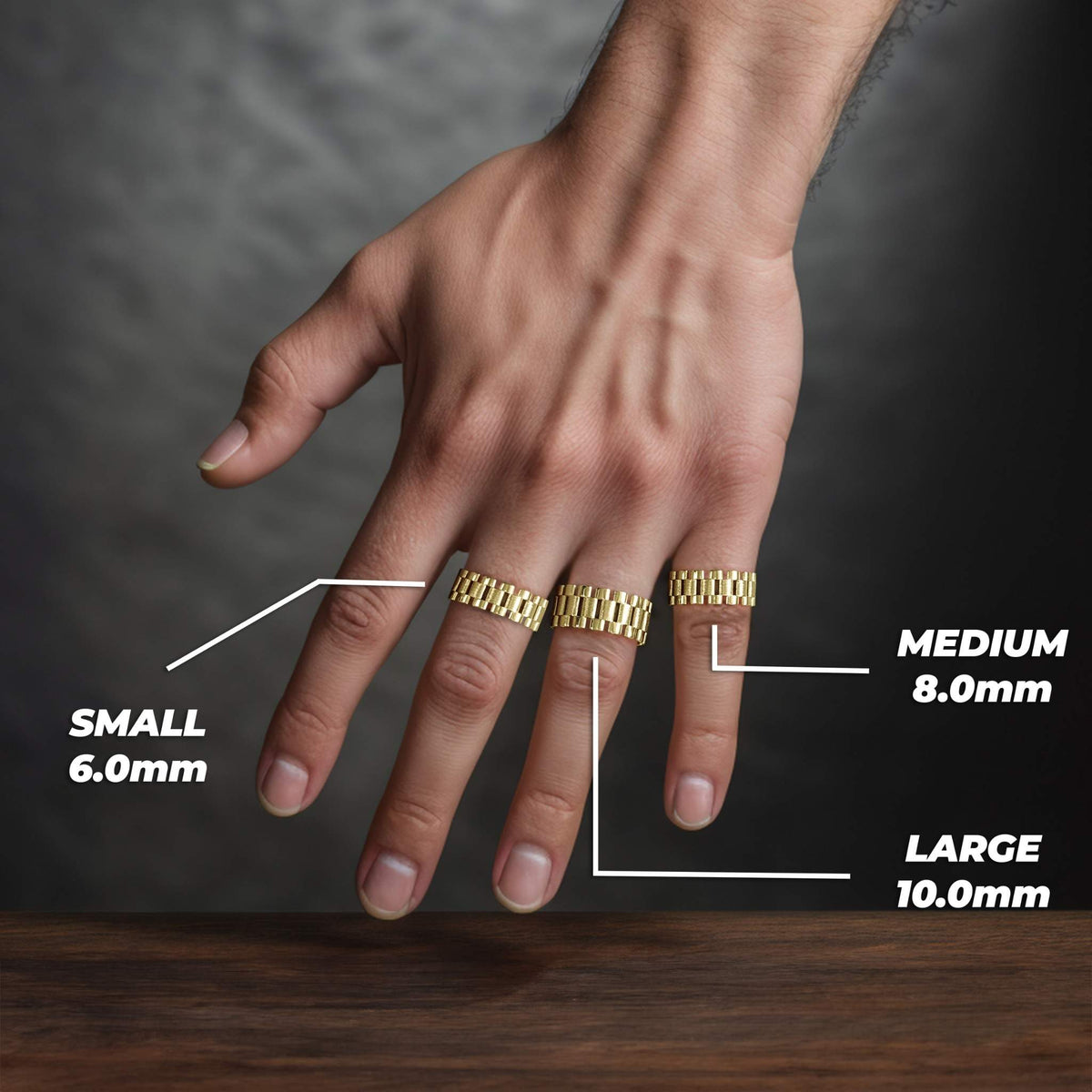 Model wearing three gold Rolex style rings labeled 6.0mm, 8.0mm, and 10.0mm.
