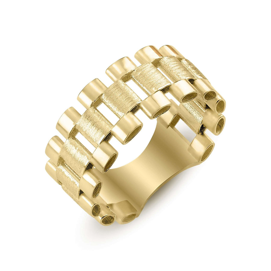 10k yellow gold satin Rolex band ring displayed on a seamless white background.