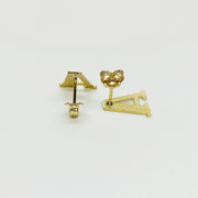 Rear view of gold initial letter 'A' stud earrings with secure push-back closures.