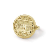 Front close-up of a round 10k gold signet ring with Last Supper engraving.