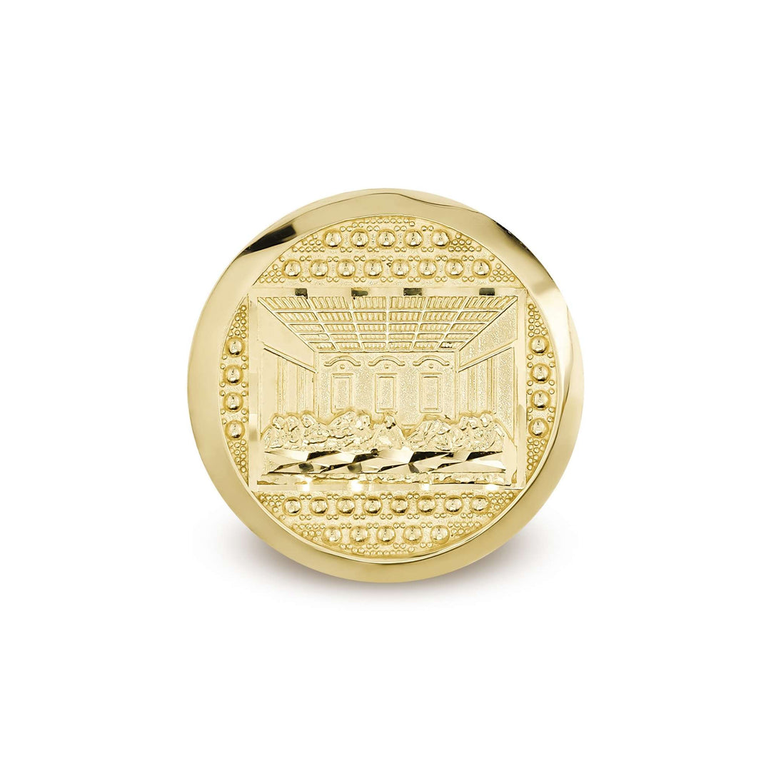 Flat front view of a round 10k gold signet ring showcasing the Last Supper.