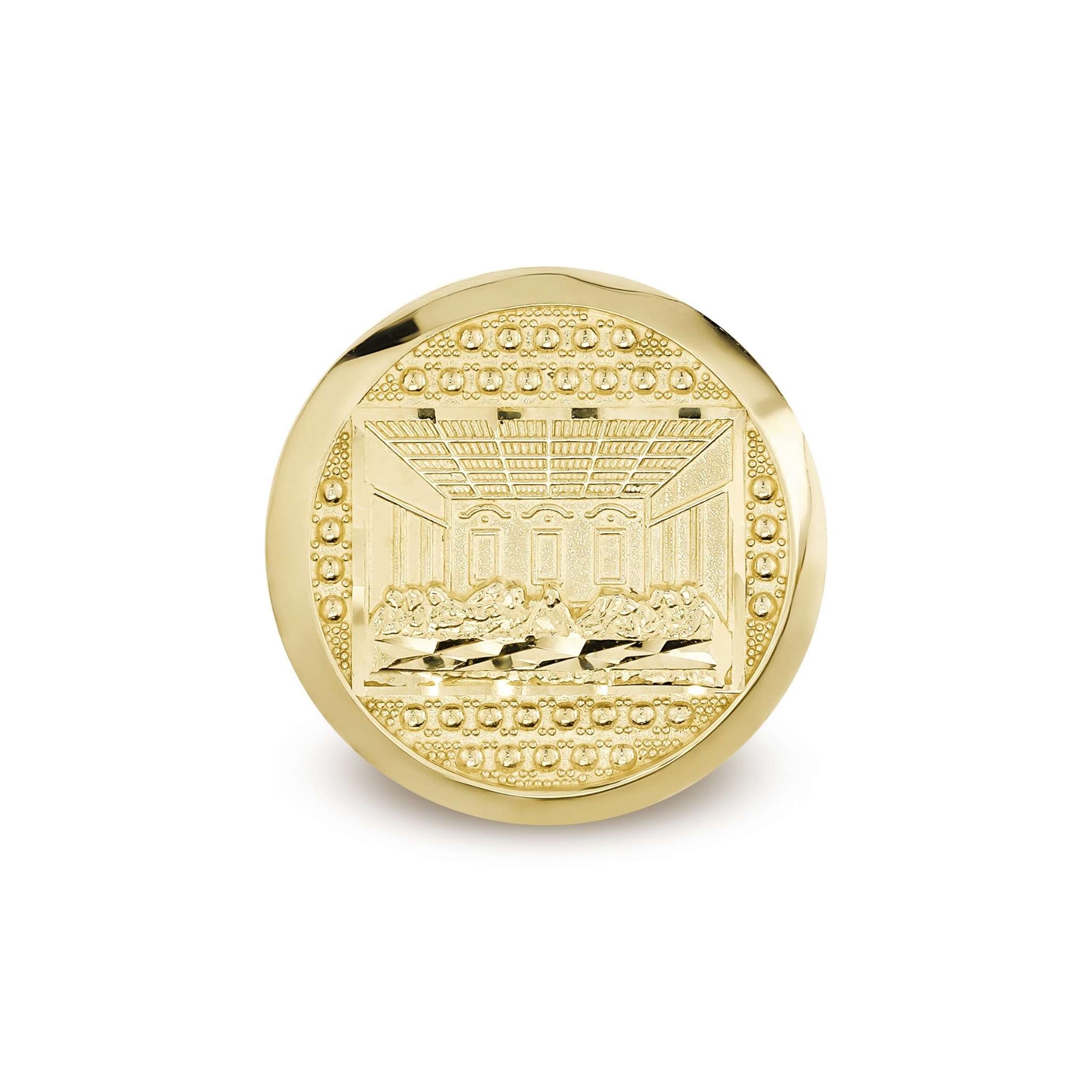 Flat front view of a round 10k gold signet ring showcasing the Last Supper.