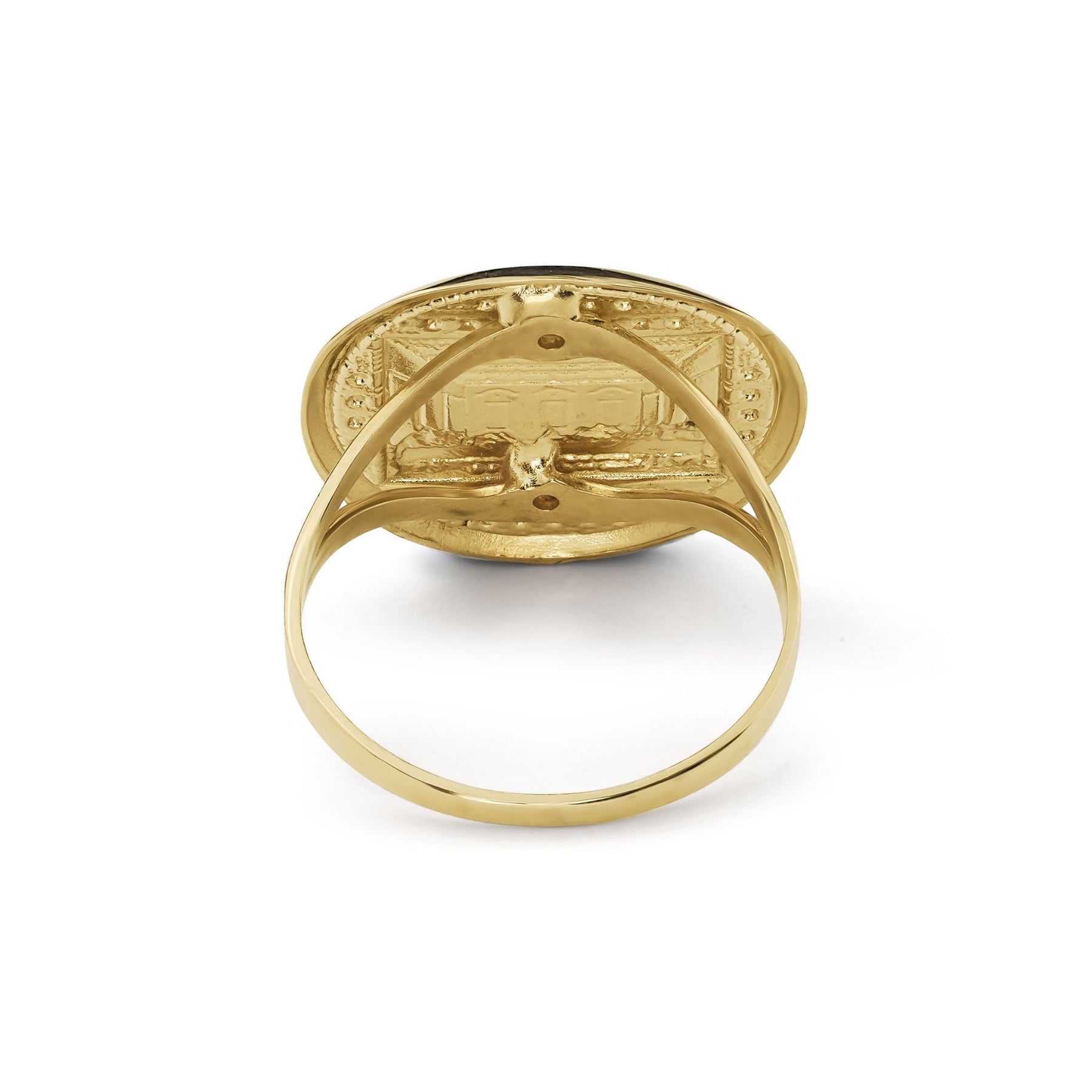Rear view of a 10k gold Last Supper signet ring showing the hollow band.