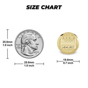 Round gold Last Supper ring dimensions and millimeter measurements compared to a quarter.