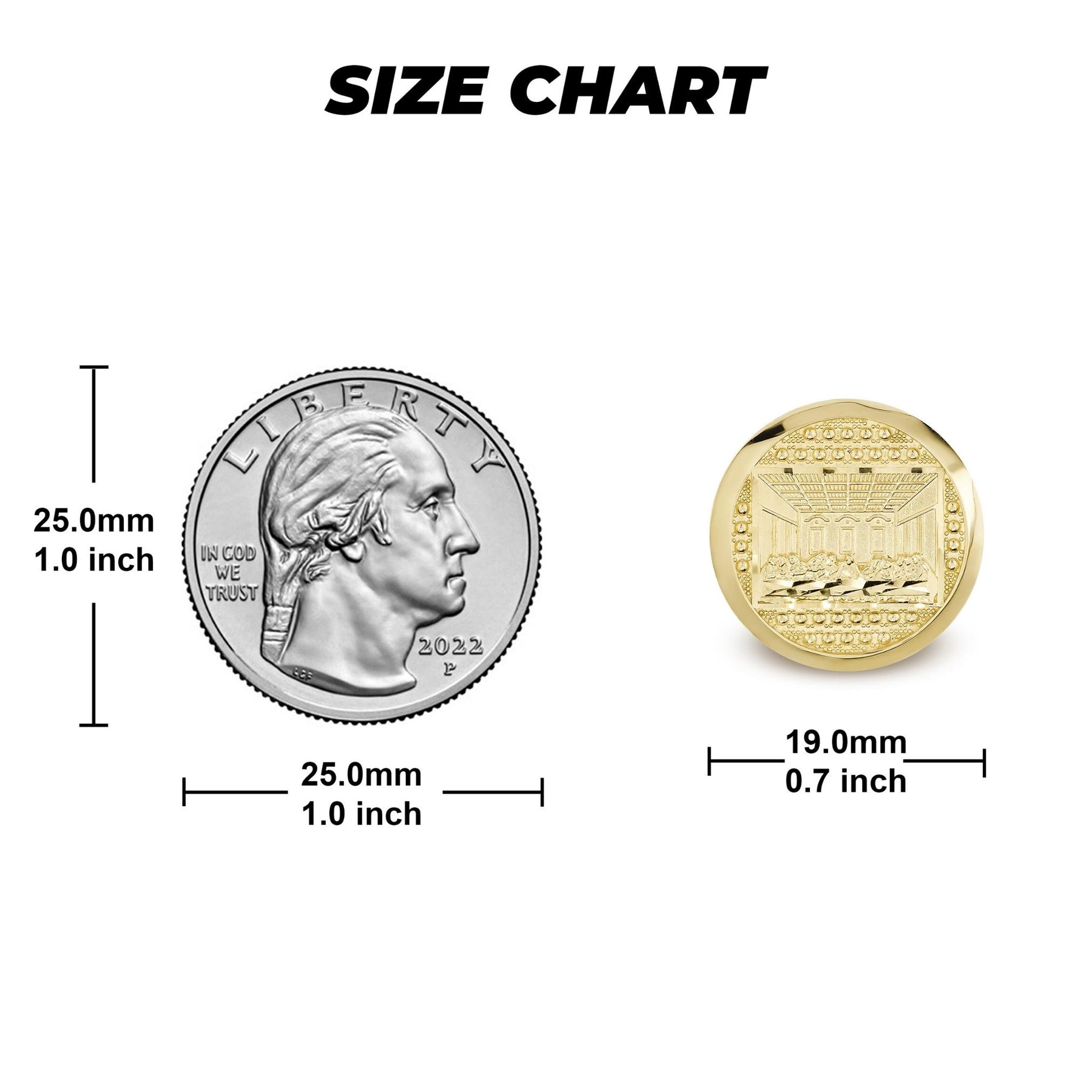 Round gold Last Supper ring dimensions and millimeter measurements compared to a quarter.