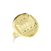 Round 10k yellow gold signet ring featuring a detailed Last Supper engraving