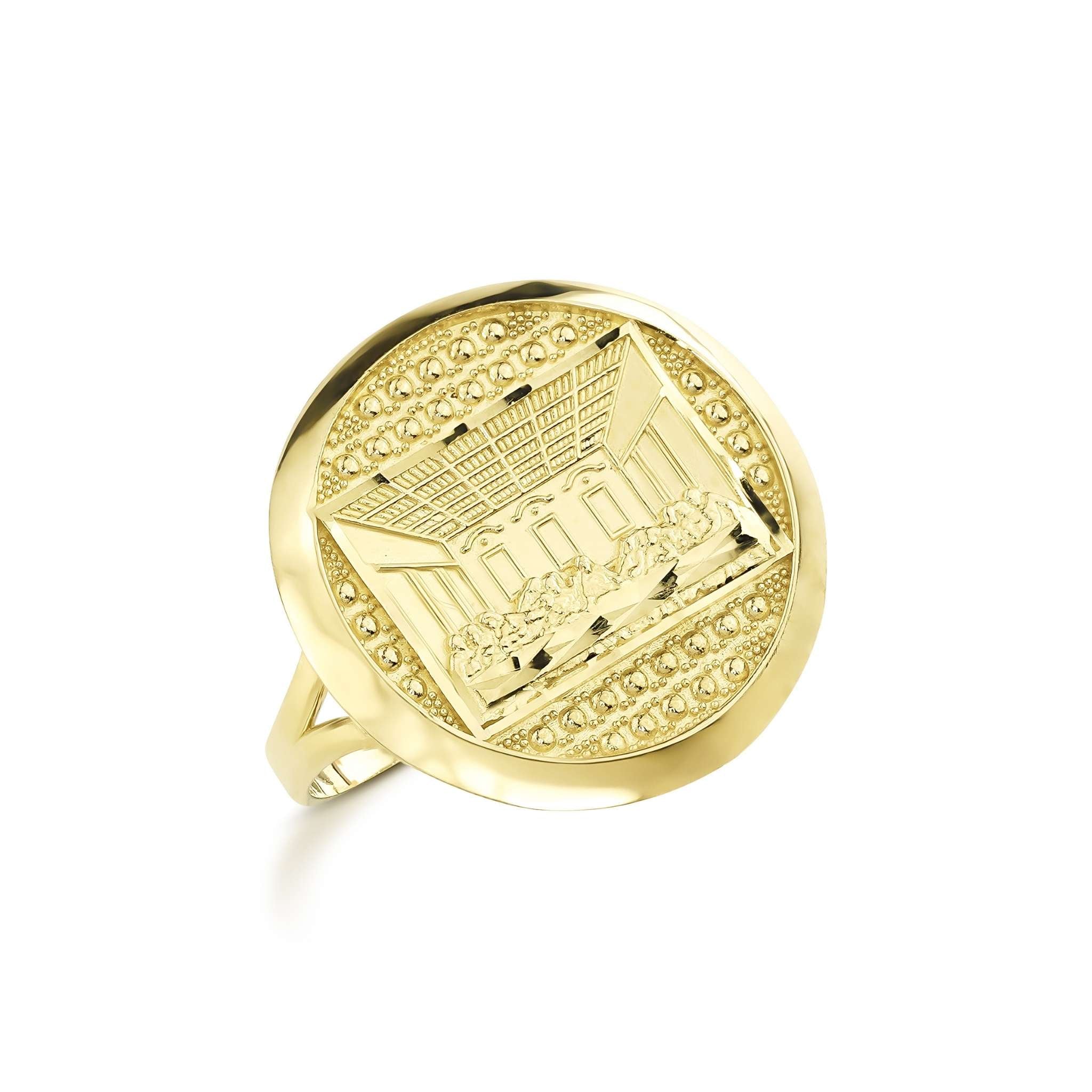 Round 10k yellow gold signet ring featuring a detailed Last Supper engraving