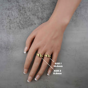 two 10k gold sleek classic spade ring on a hand with size measurements indicated