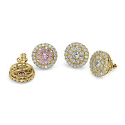 10k gold round stud earrings showcasing both pink and white cubic zirconia variations.