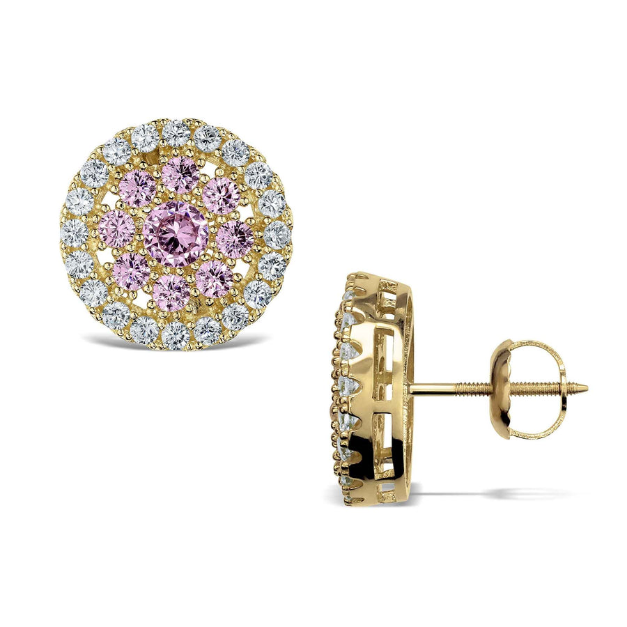 10k yellow gold round stud earrings featuring sparkling pink cubic zirconia stones.