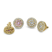 10k yellow gold round stud earrings with both pink and white cubic zirconia stones.