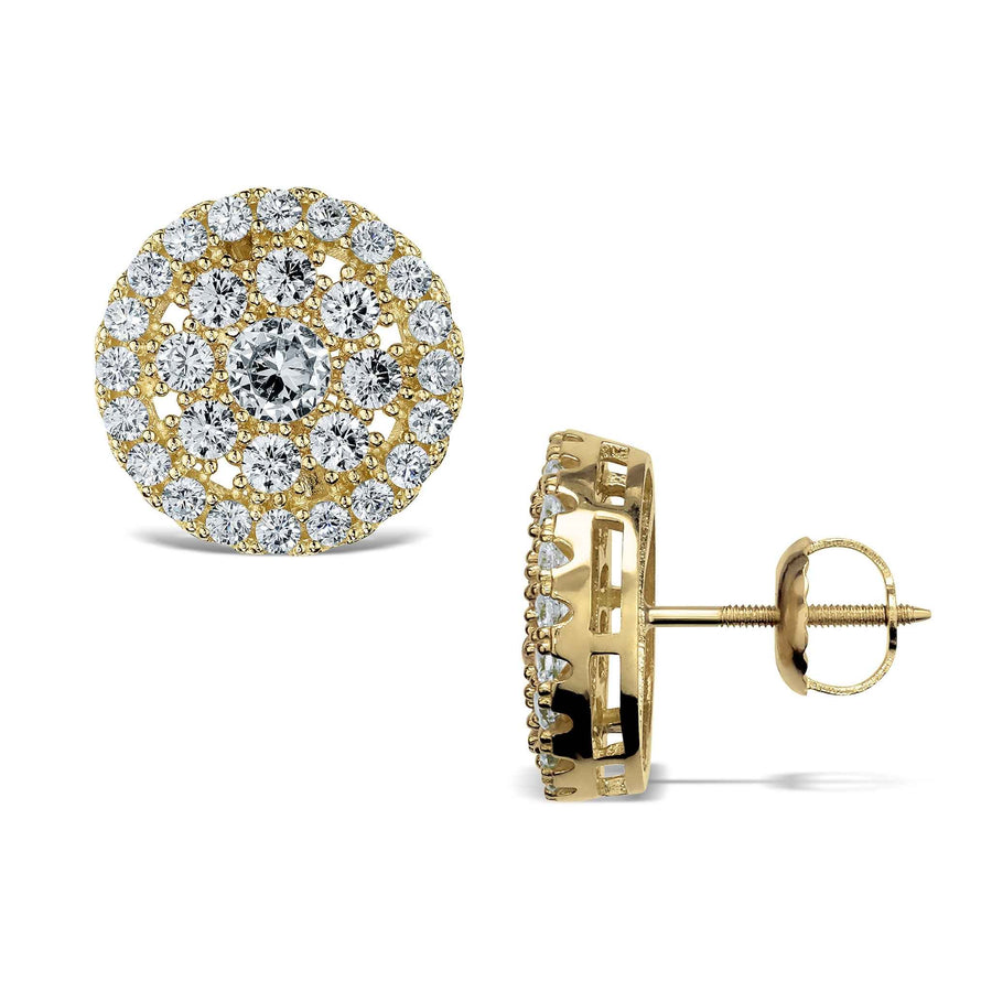 Front and side view of 10k yellow gold round stud earrings with white CZ stones.