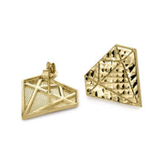 Detailed back and angled view of 10k gold sparkle diamond shape stud earrings.