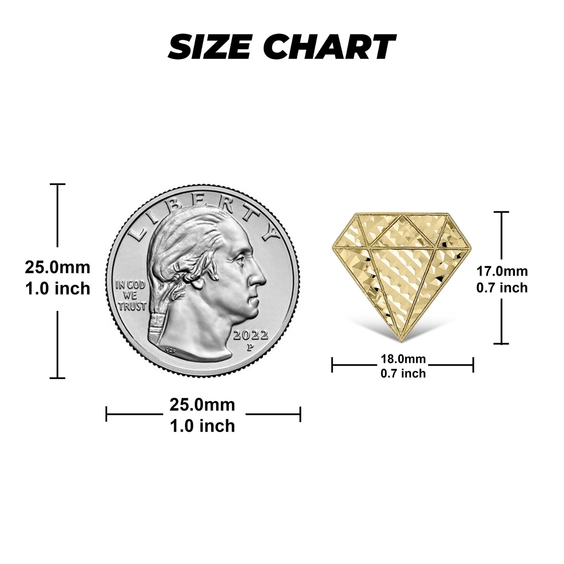 Size chart displaying the 18.0mm gold diamond shape stud earring with a coin.