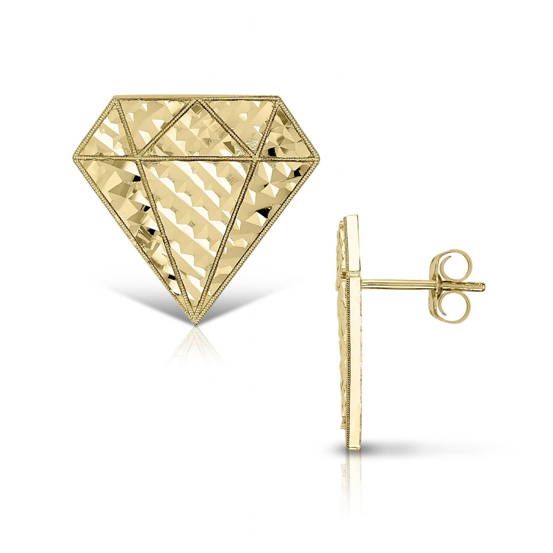 Front and side profile of 10k gold sparkle diamond shape stud earrings.