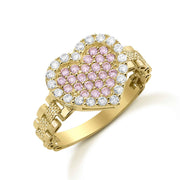 Angled view of 10k gold ring with pink and white cubic zirconia heart.