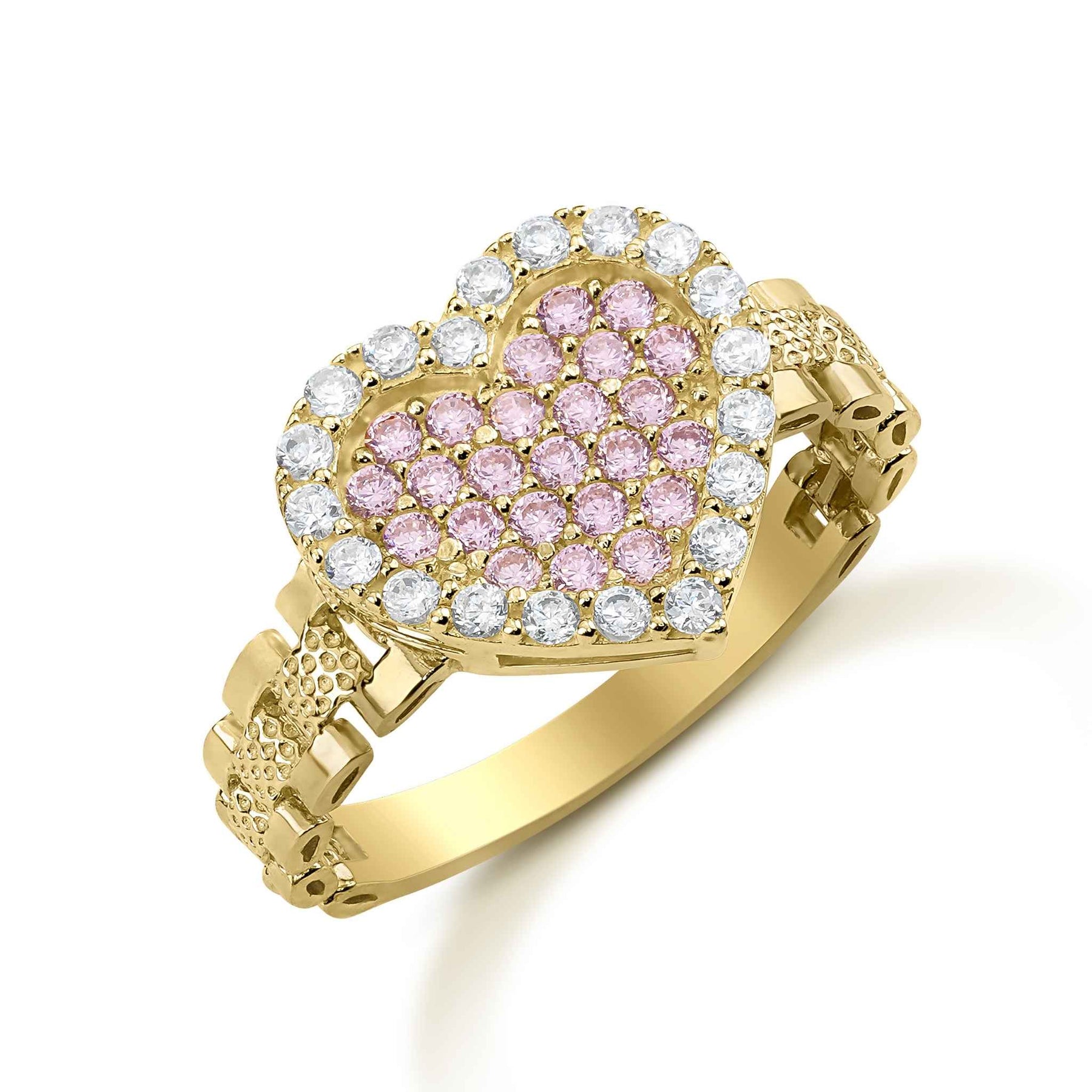 Angled view of 10k gold ring with pink and white cubic zirconia heart.