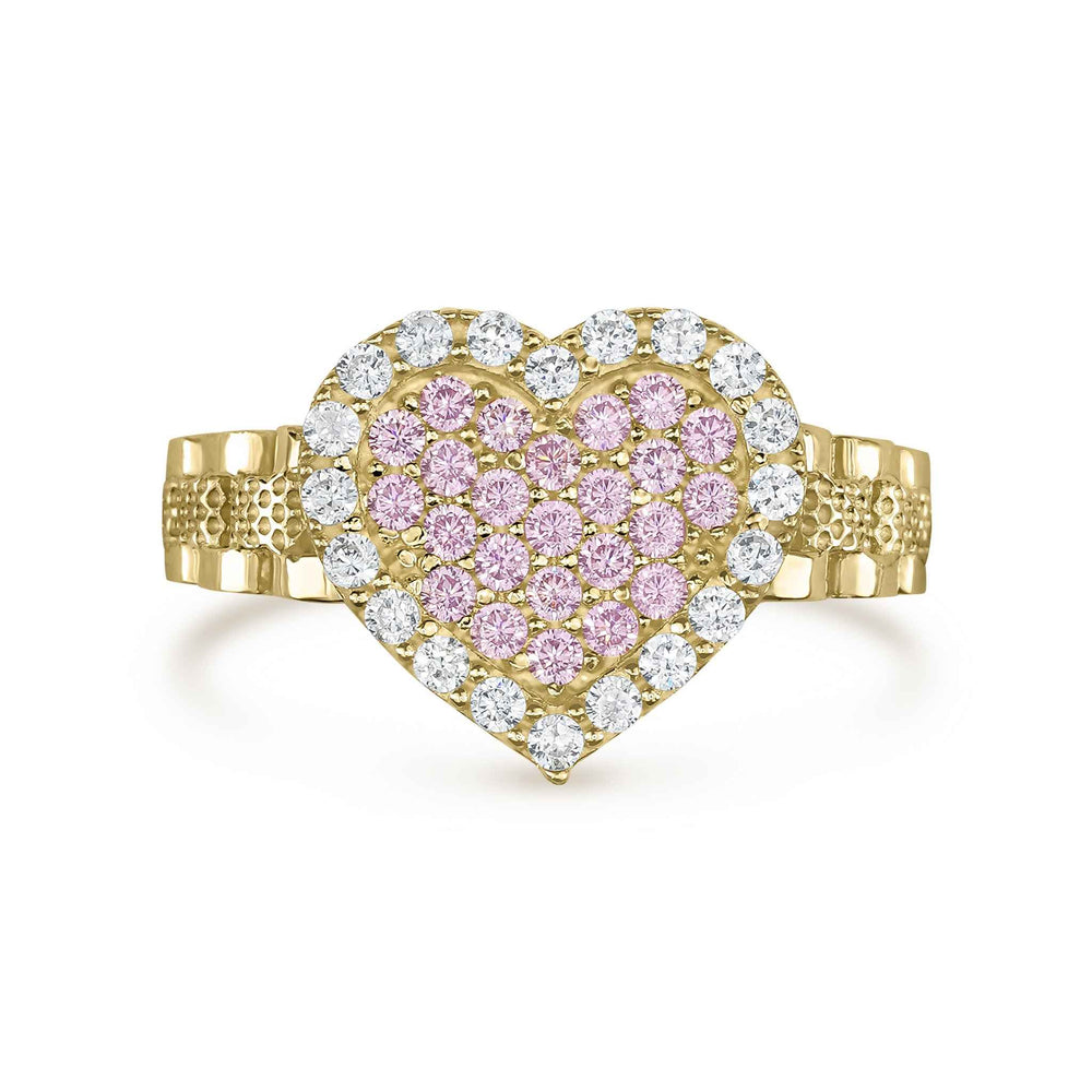 Front view of 10k gold slim ring with pink and white cubic zirconia heart.