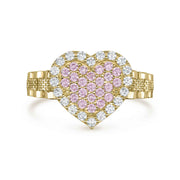 Front view of 10k gold slim ring with pink and white cubic zirconia heart.