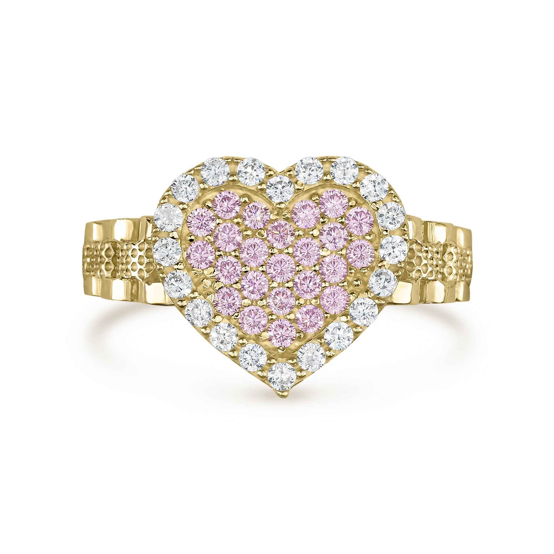 Front view of 10k gold slim ring with pink and white cubic zirconia heart.