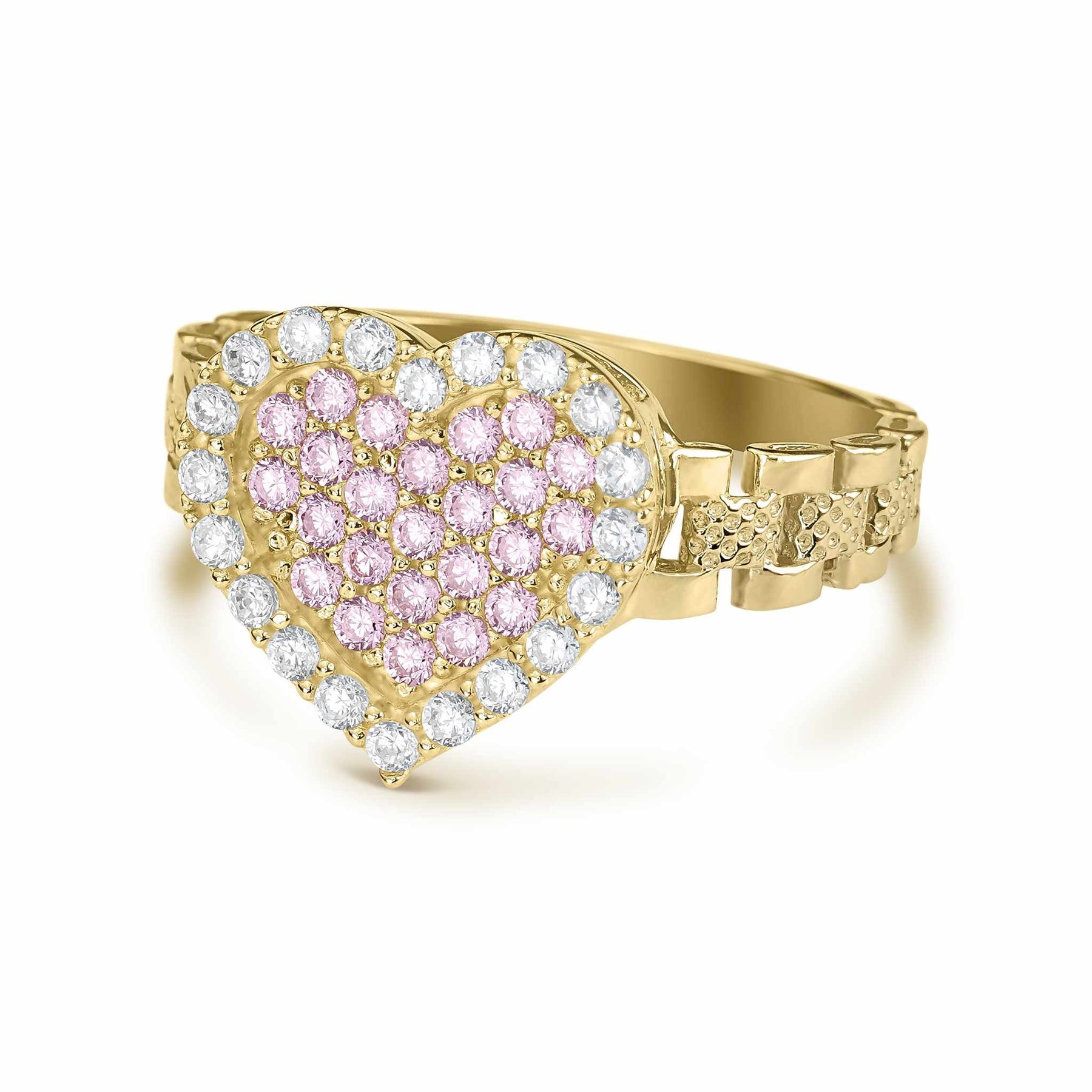 Three-quarter view of 10k gold ring with a pink and white cubic zirconia heart.