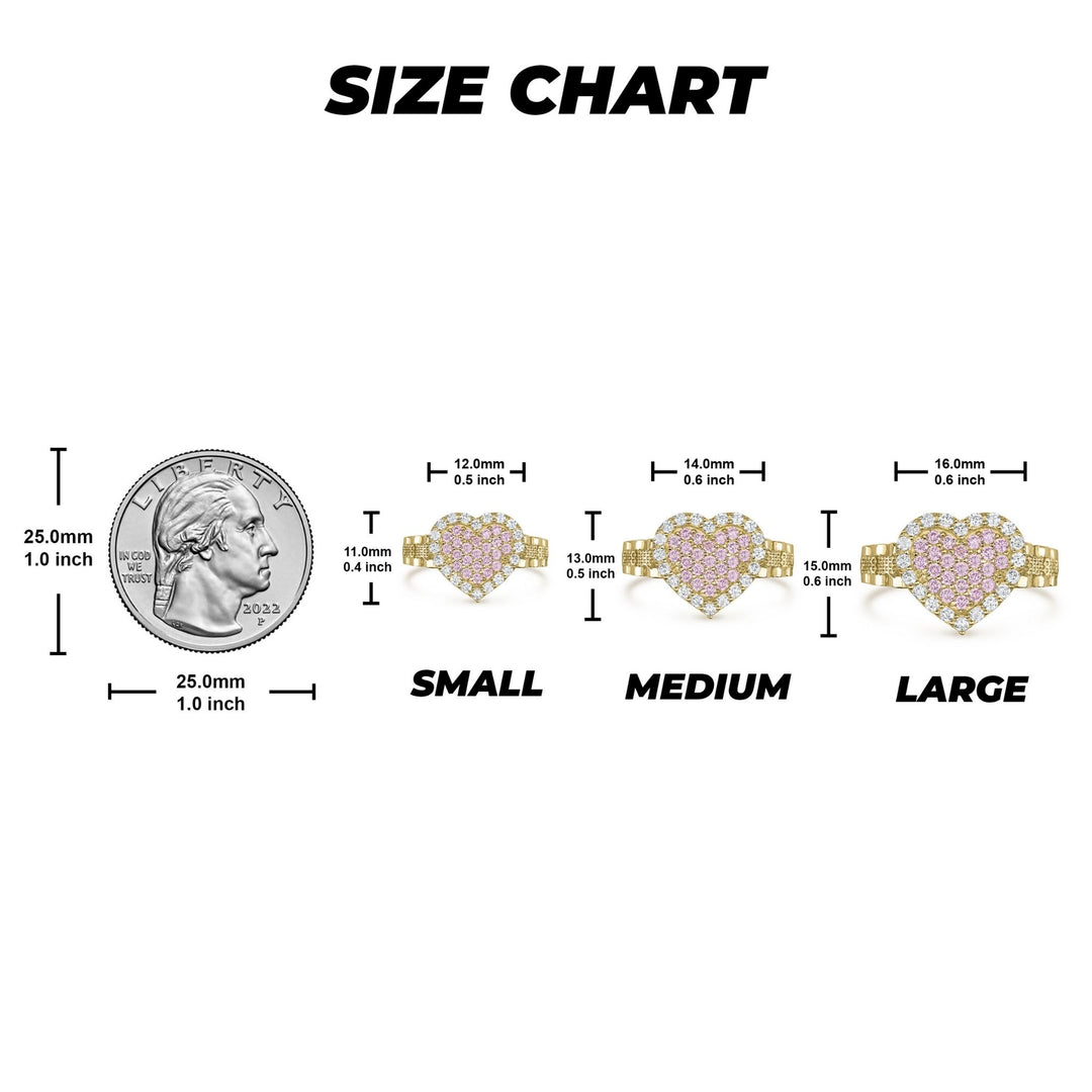 Gold Sparkle Heart pink cubic zirconia ring size chart with small, medium, and large dimensions.