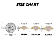Gold Sparkle Heart pink cubic zirconia ring size chart with small, medium, and large dimensions.