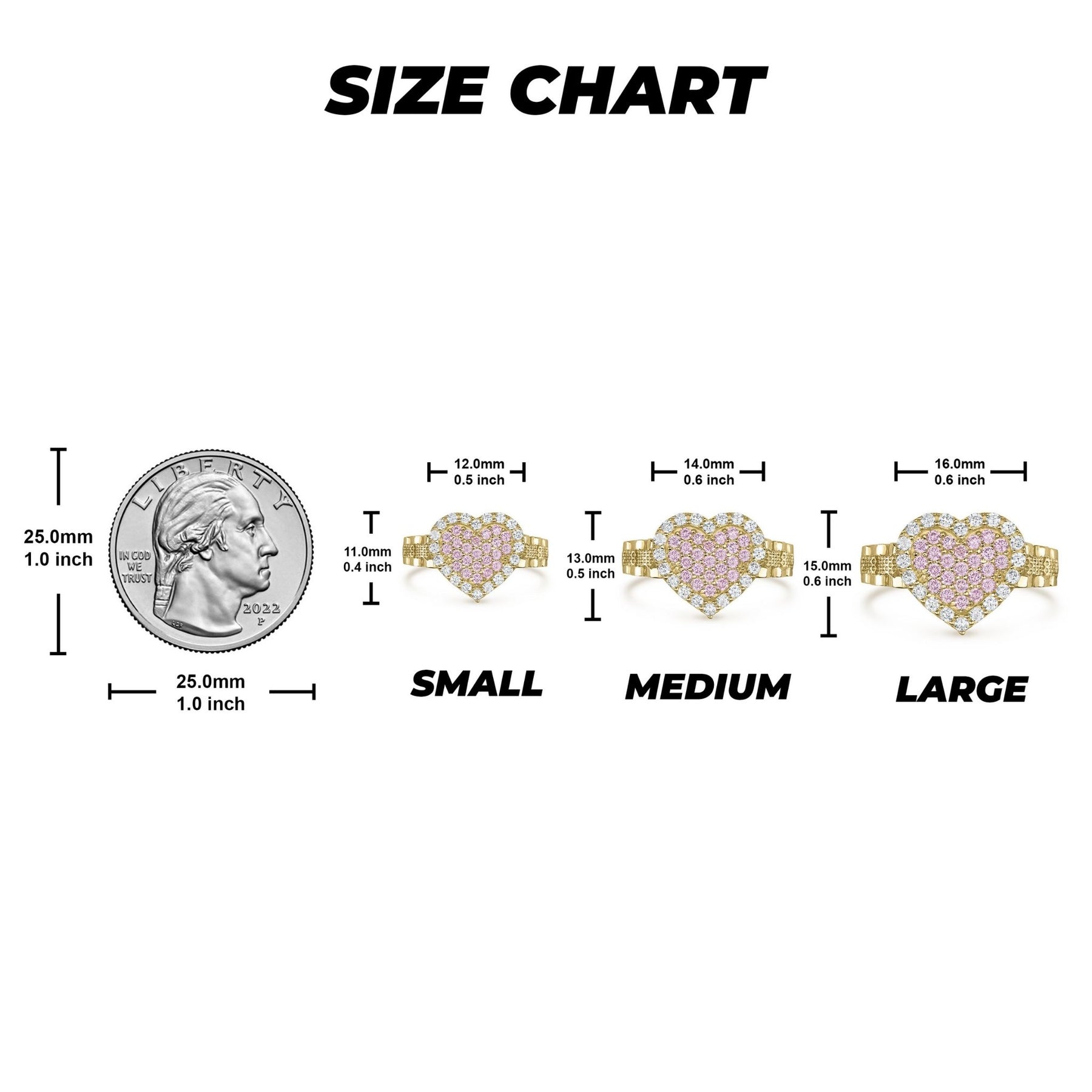 Gold Sparkle Heart pink cubic zirconia ring size chart with small, medium, and large dimensions.