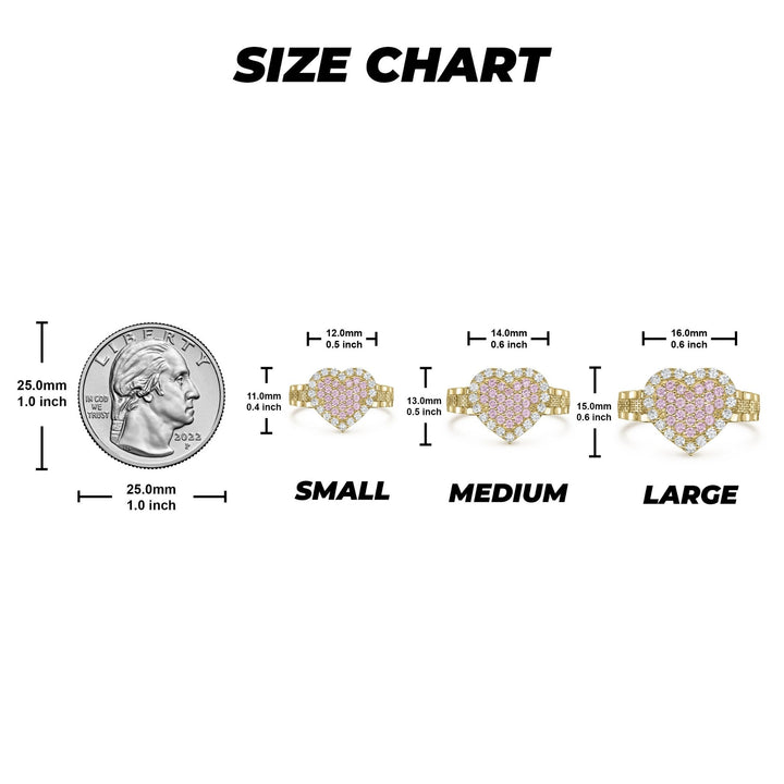 Gold Sparkle Heart pink cubic zirconia ring size chart with small, medium, and large dimensions.