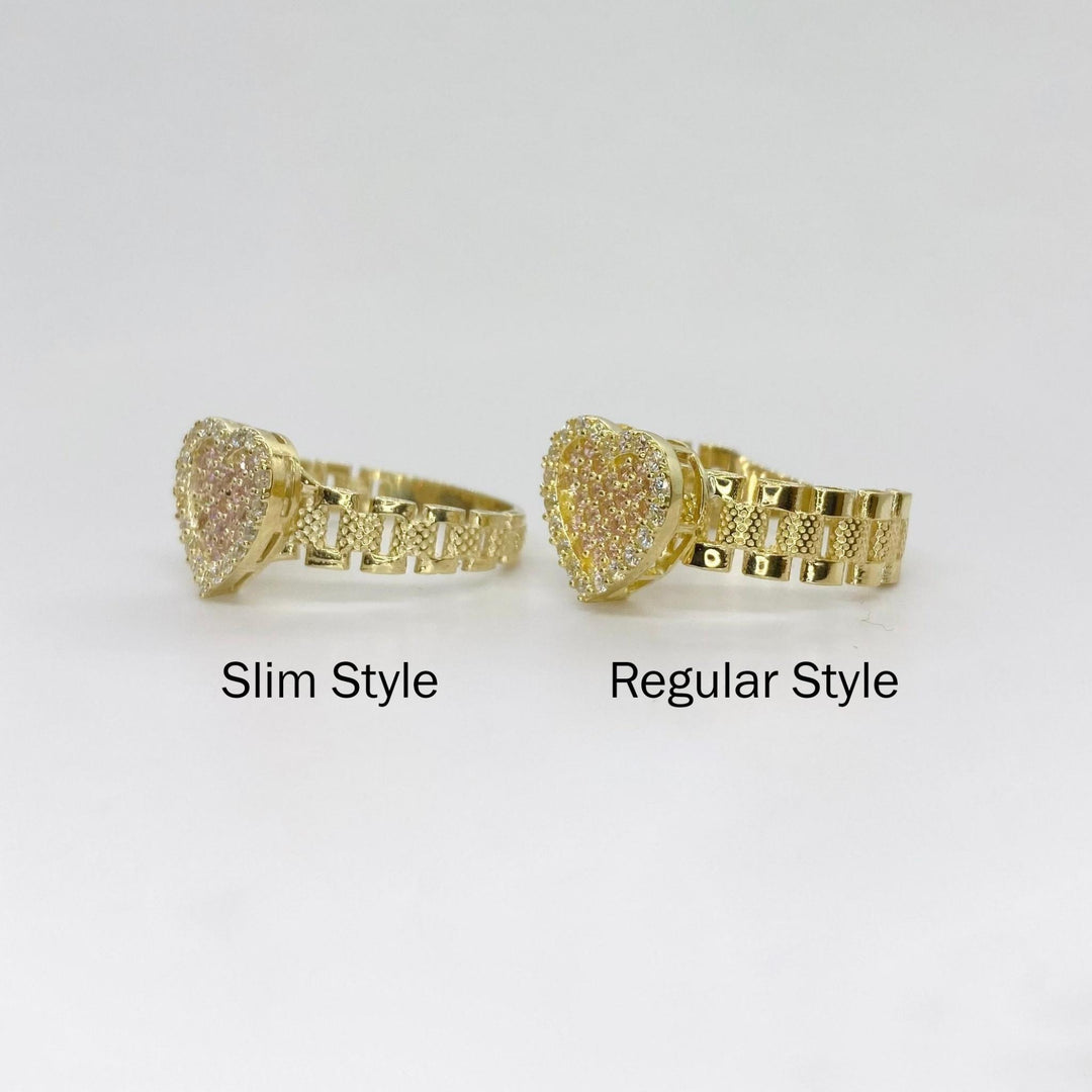 Two 10k gold pink sparkle heart rings labeled Slim Style and Regular Style