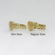Two 10k gold pink sparkle heart rings labeled Slim Style and Regular Style