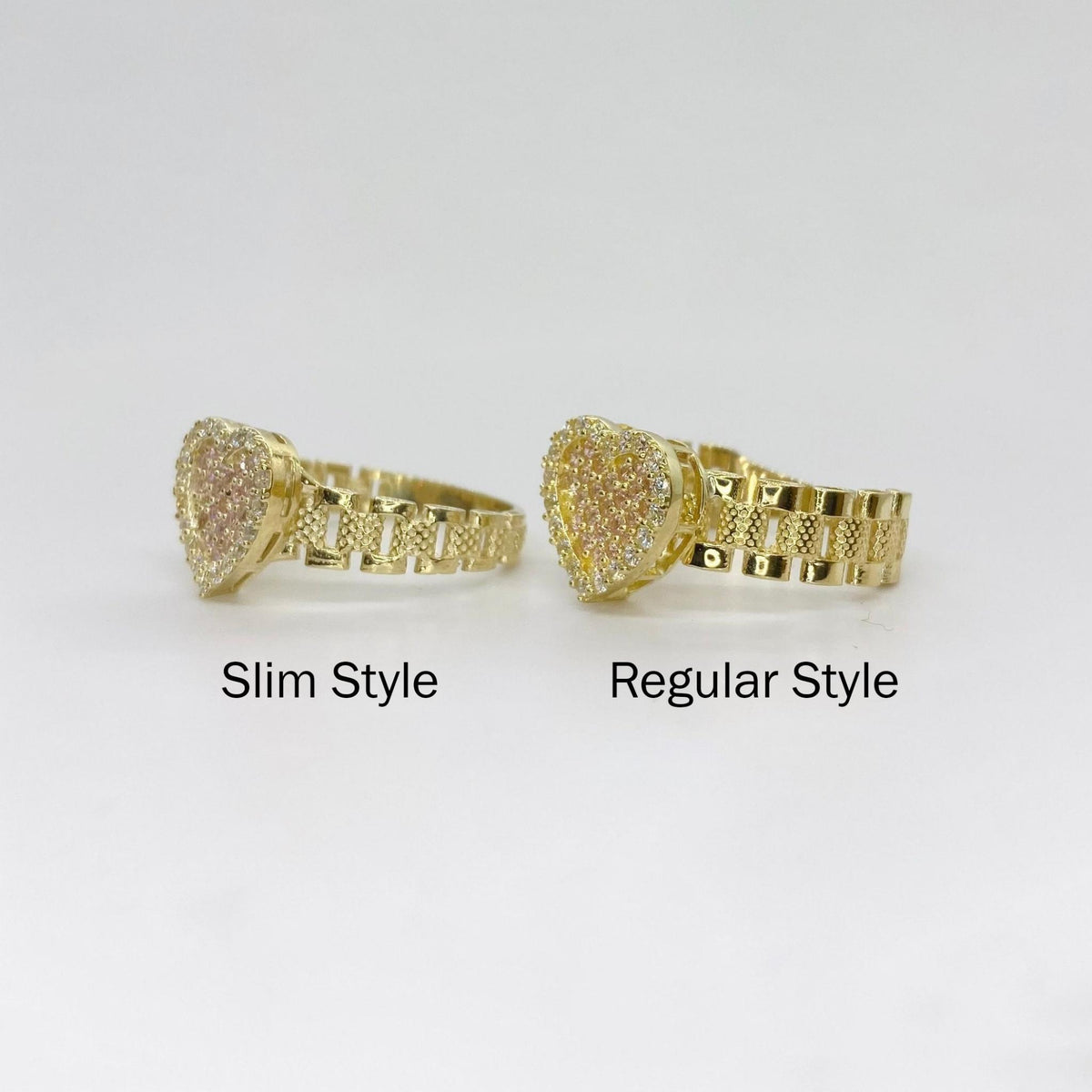 Two 10k gold pink sparkle heart rings labeled Slim Style and Regular Style