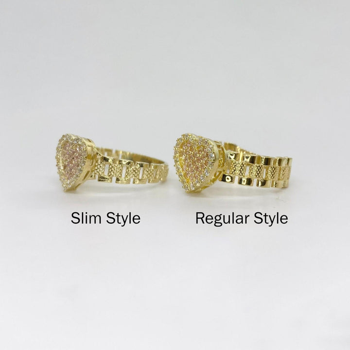 Two 10k gold pink sparkle heart rings labeled Slim Style and Regular Style